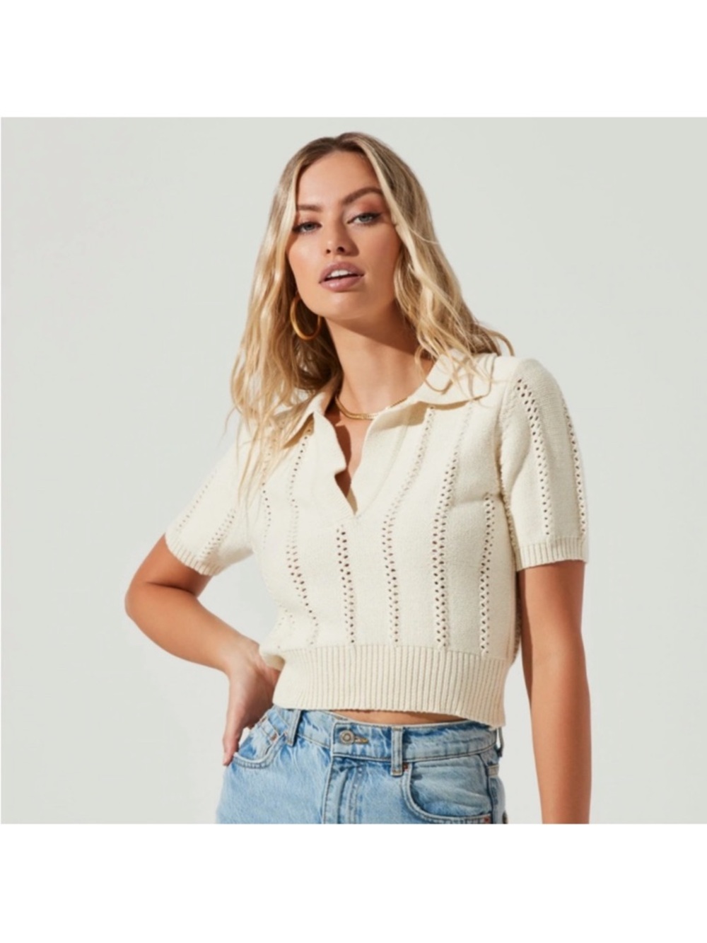 ASTR The Label Cambria Pointelle Ivory Knit‎ Polo Cropped Top Size XL EUC